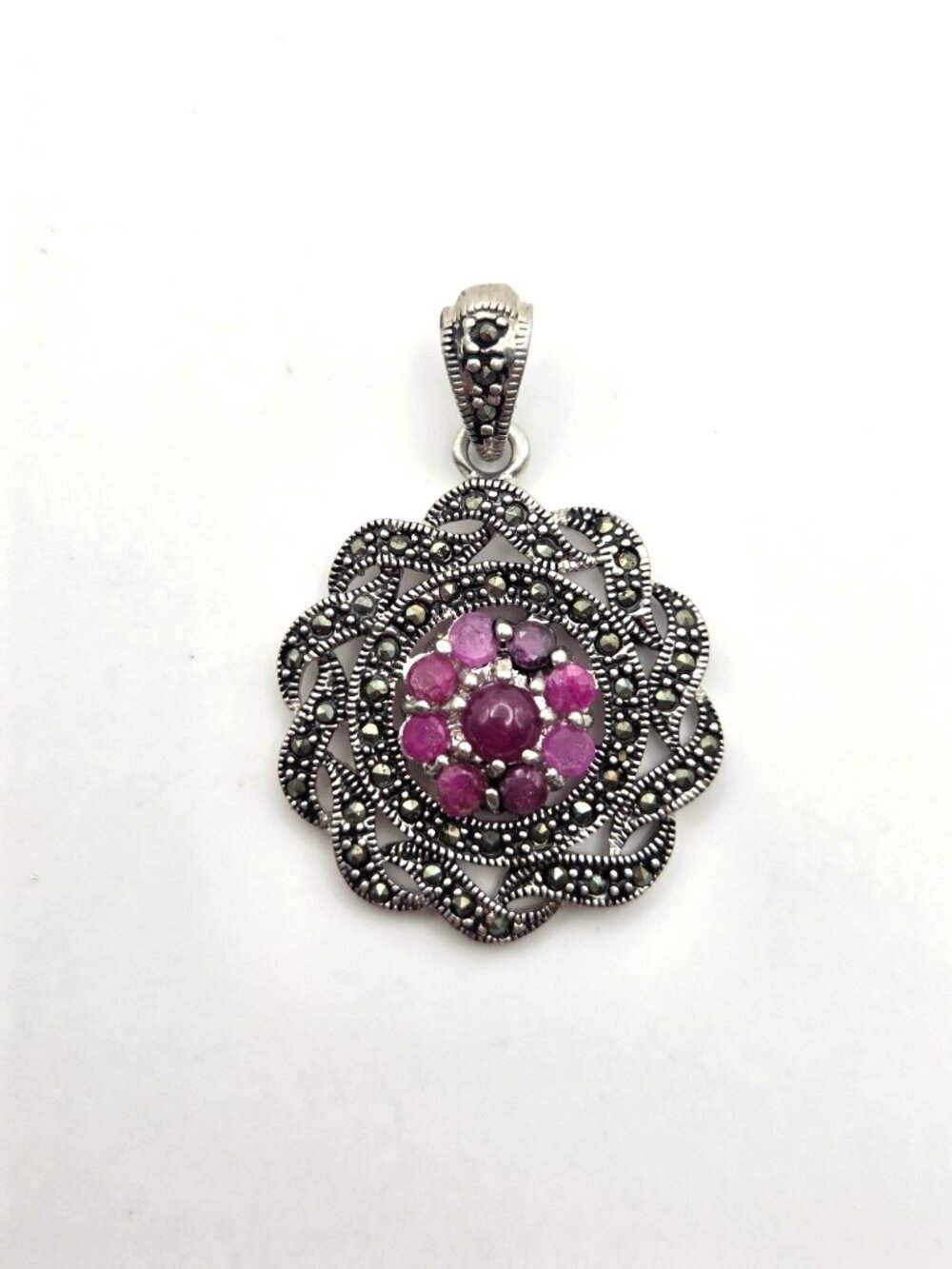 Silver Tone  Pendant With Ruby Stones & Marcasite Accents Floral Design Intricat